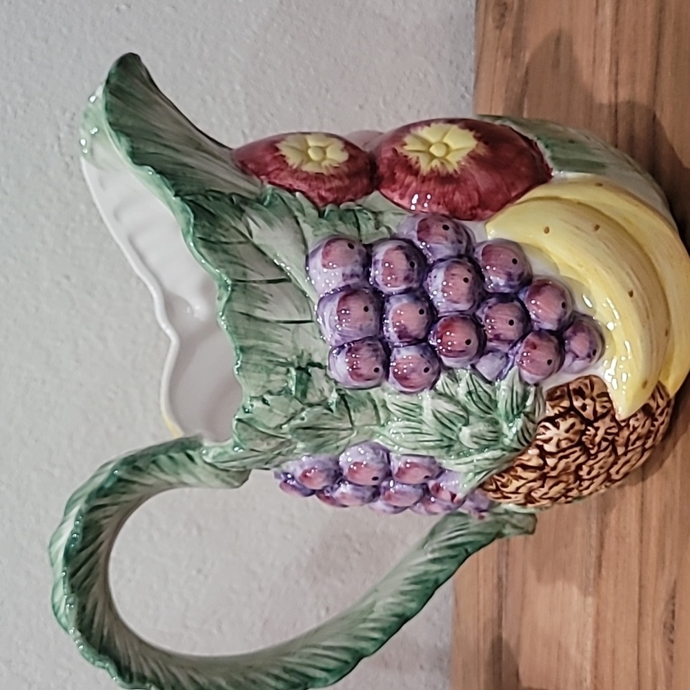 Fitz and Floyd Ceramic Pitcher with Yellow and Purple Fruit Design - Picture 3 of 5
